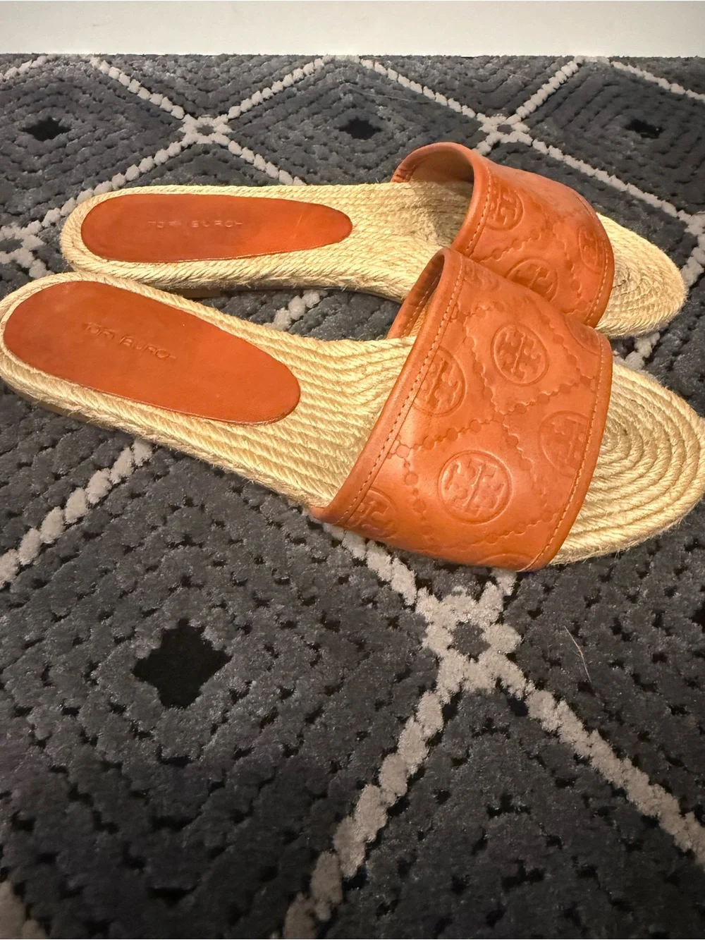 Tory Burch Tan Embossed Leather Slide Sandals with Rope Footbed